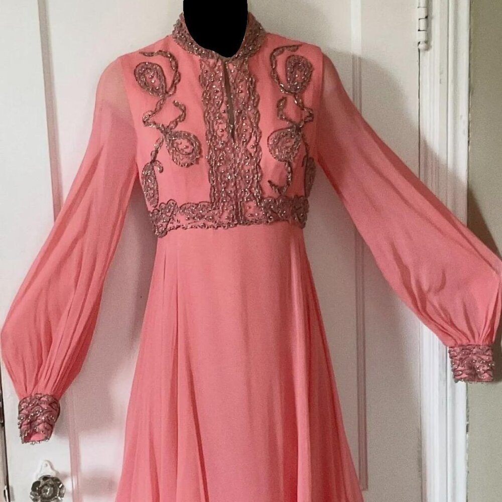 Peach Beaded Silk Chiffon 1960’s Vintage Maxi Dress - Pink Beads/Rhinestones Tr